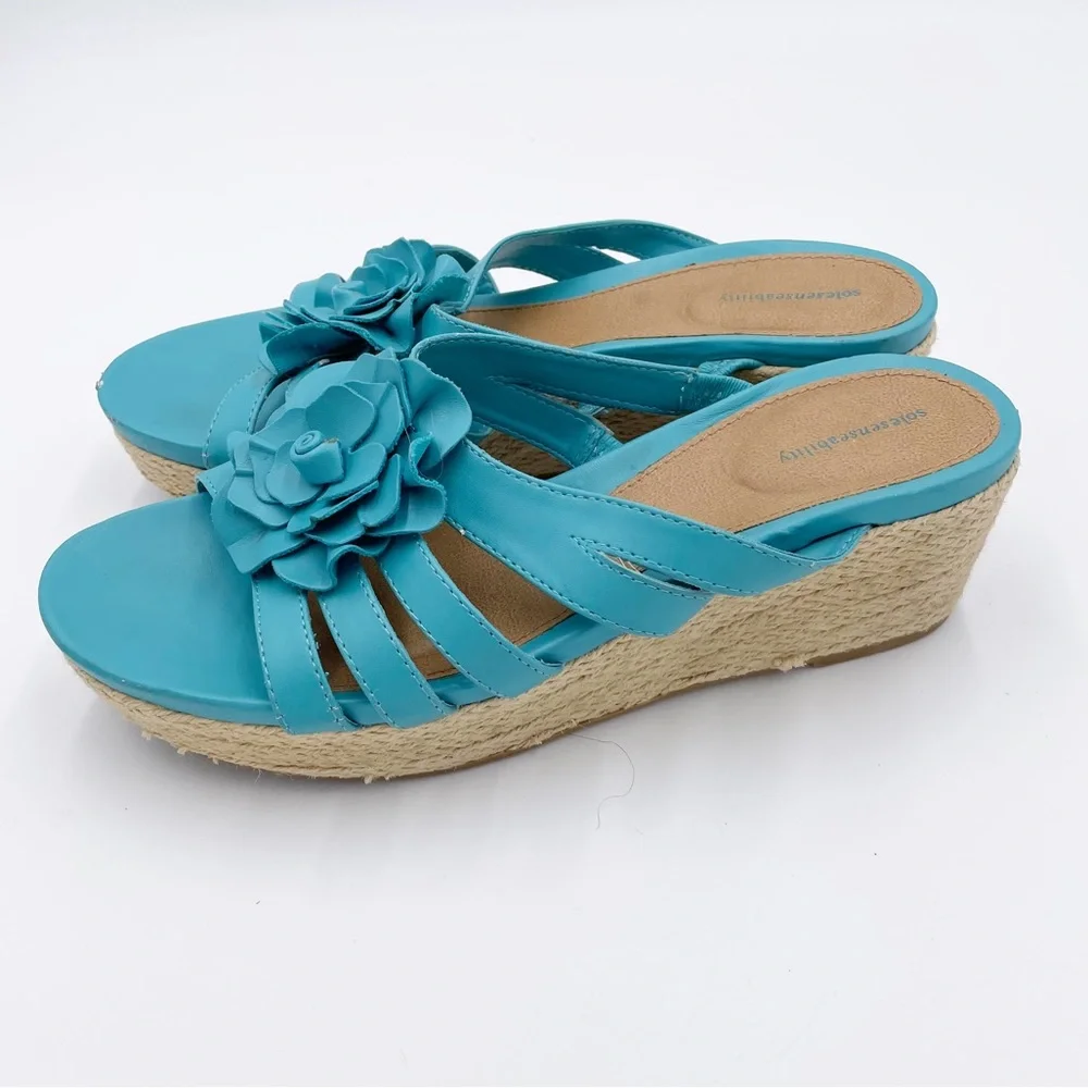 Solesenseability Mona Blue Faux Leather Flower Embellished Wedge Sandals 9.5